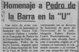 Homenaje a Pedro de la Barra en la "U".  [artículo]