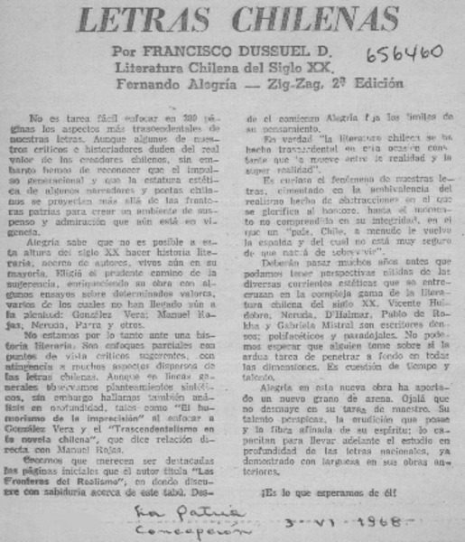 Letras chilenas  [artículo] Francisco Dussuel.