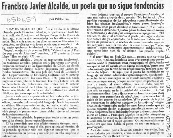 Francisco Javier Alcalde, un poeta que no sigue tendencias  [artículo] Pablo Cassi.