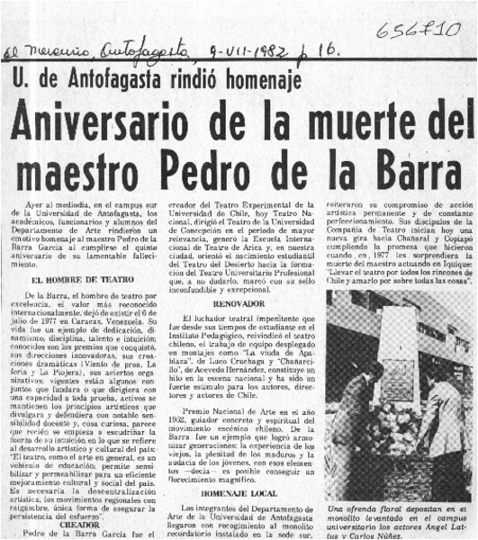 Aniversario de la muerte del maestro Pedro de la Barra.  [artículo]