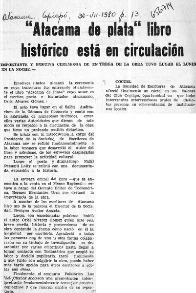 "Atacama de plata" libro histórico está en circulación.  [artículo]