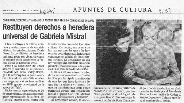 Restituyen derechos a heredera universal de Gabriela Mistral.  [artículo]