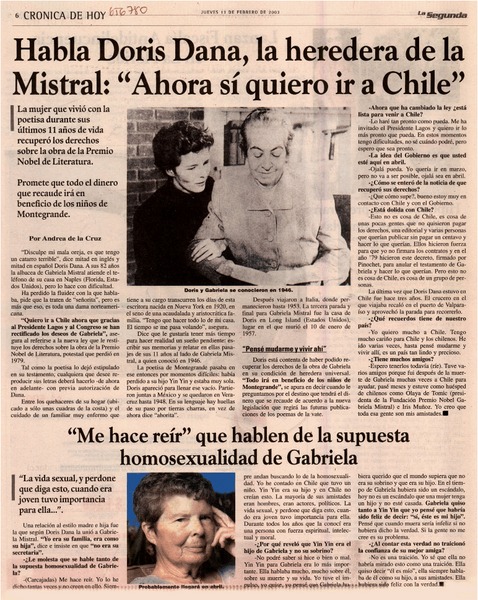 Habla Doris Dana, la heredera de la Mistral, "Ahora si quiero ir a Chile"