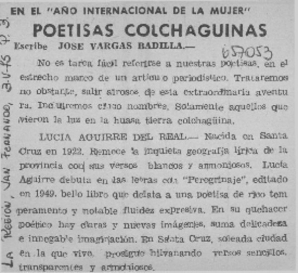 Poetisas colchaguinas  [artículo] José Vargas Badilla.