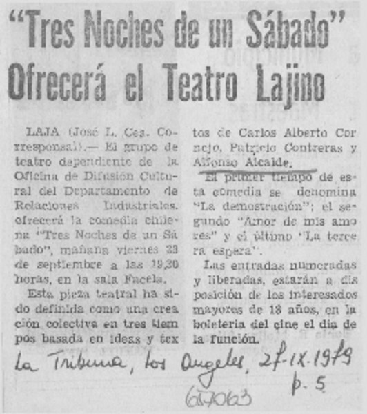 "Tres noches y un sábado" ofrecerá el Teatro Lajino.