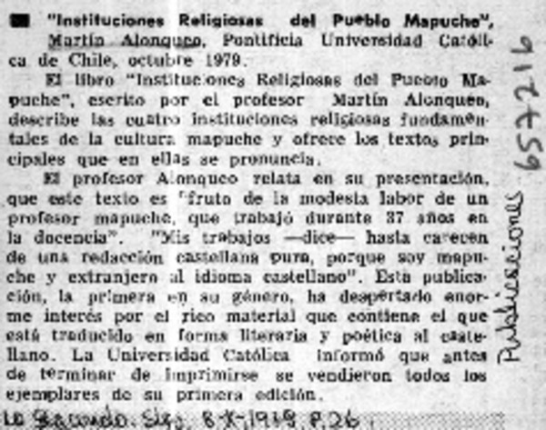Instituciones religiosas del pueblo mapuche  [artículo]