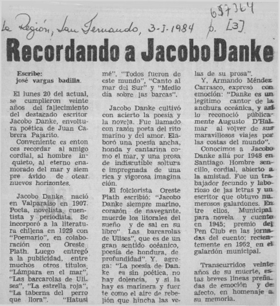Recordando a Jacobo Danke  [artículo] José Vargas Badilla.