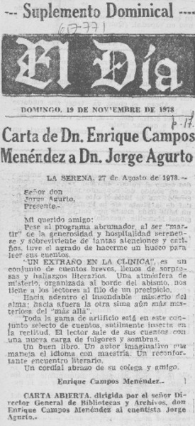 Carta de Dn. Enrique Campos Menéndez a Dn. Jorge Agurto