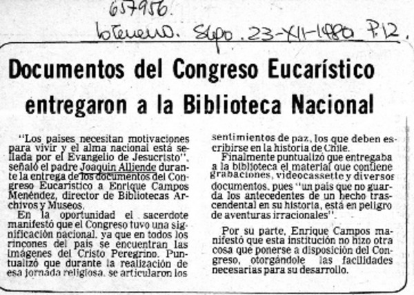 Documentos del Congreso Eucarístico entregaron a la Biblioteca Nacional.  [artículo]