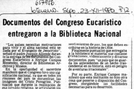 Documentos del Congreso Eucarístico entregaron a la Biblioteca Nacional.  [artículo]