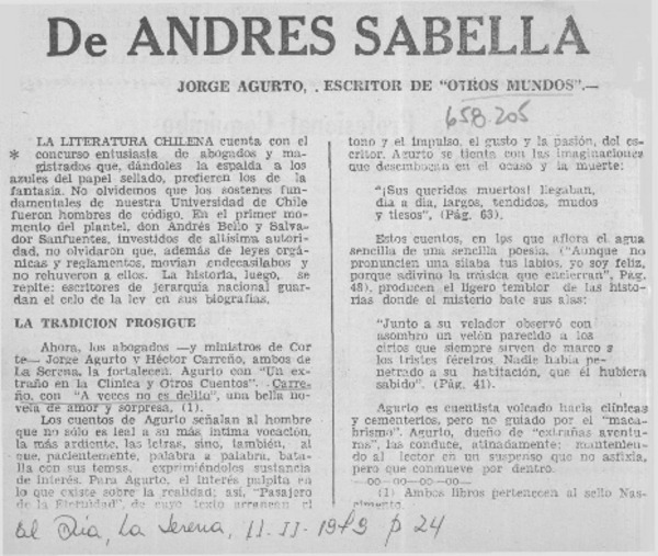 Jorge Agurto, escritor de "otros mundos"  [artículo] Andrés Sabella.