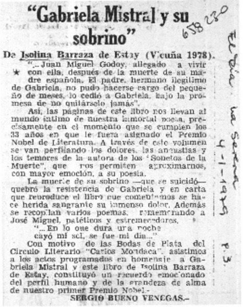 "Gabriela Mistral y su sobrino"  [artículo] Sergio Bueno Venegas.