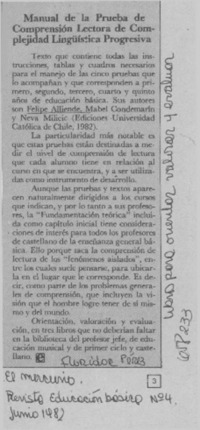 Manual de la prueba de comprensión lectora de complejidad lingüística progresiva  [artículo] Floridor Pérez.