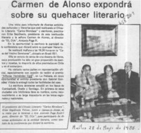 Carmen de Alonso expondrá sobre su quehacer literario.  [artículo]