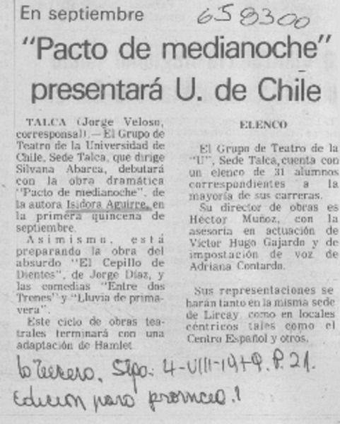 "Pacto de medianoche" presentará U. de Chile.