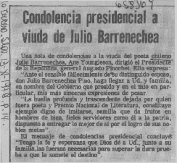 Condolencia presidencial a viuda de Julio Barrenechea.  [artículo]