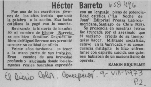 Héctor Barreto  [artículo] Ramón Riquelme.