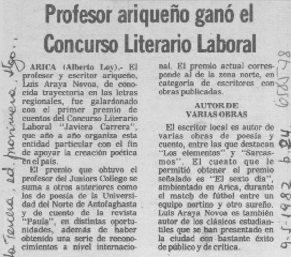Profesor ariqueño ganó el Concurso Literario Laboral