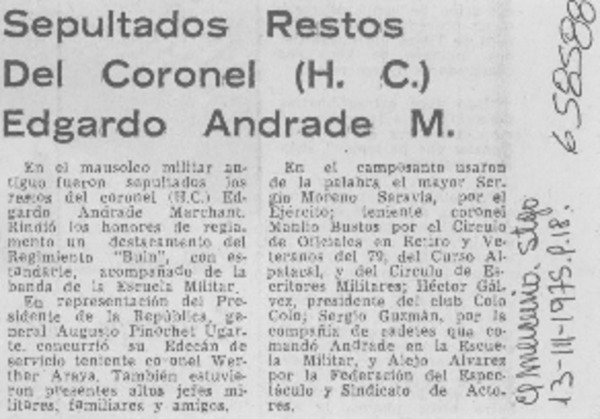 Sepultados restos del Coronel (H. C.) Edgardo Andrade M.