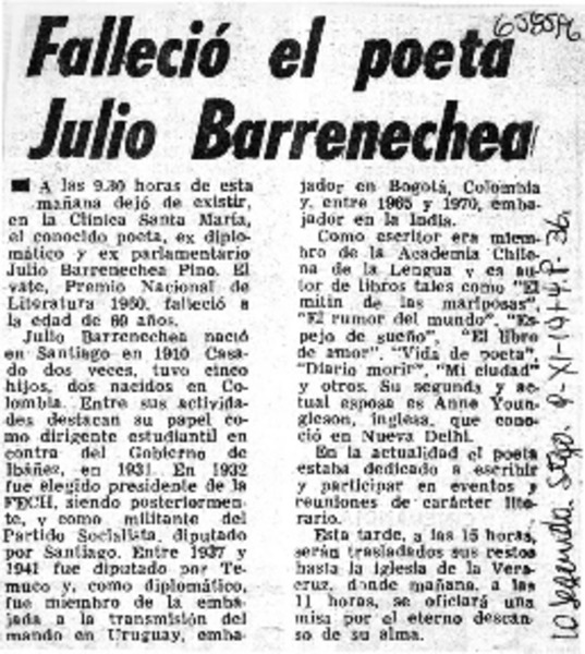 Falleció el poeta Julio Barrenechea.  [artículo]