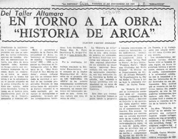 En torno a la obra, "Historia de Arica"  [artículo] Claudio Castro Morales.