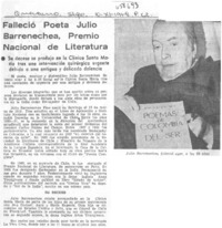 Falleció poeta Julio Barrenechea, premio Nacional de Literatura.  [artículo]