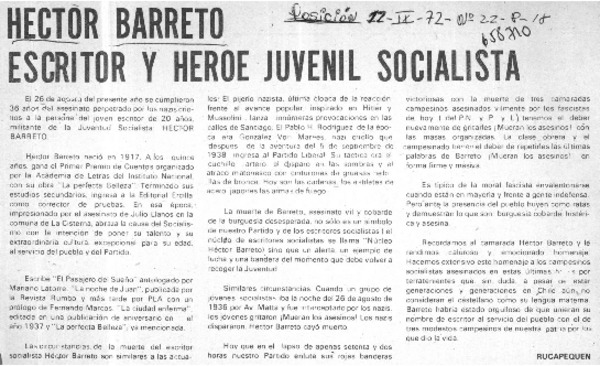 Héector Barreto escritor y héroe juvenil socialista  [artículo] Rucapequen.