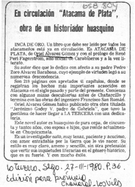 En circulación "Atacama de Plata", obra de un historiador huasquino.  [artículo]