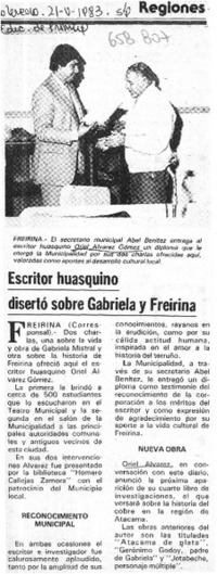 Escritor huasquino disertó sobre Gabriela y Freirina.  [artículo]