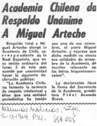 Academia chilena da respaldo unánime a Miguel Arteche.  [artículo]