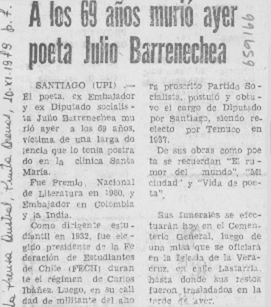 A los 69 años murió ayer poeta Julio Barrenechea.