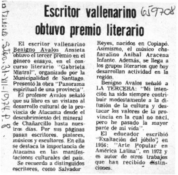 Escritor vallenarino obtuvo premio literario.  [artículo]