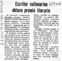 Escritor vallenarino obtuvo premio literario.  [artículo]