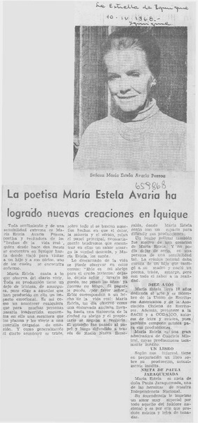 La poetisa María Estela Avaria ha logrado nuevas creaciones en Iquique.