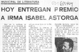 Hoy entregan premio a Irma Isabel Astorga  [artículo] Oscar González.