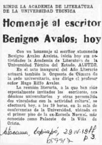 Homenaje al escritor Benigno Avalos: hoy.  [artículo]