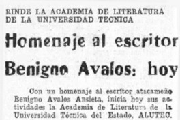 Homenaje al escritor Benigno Avalos: hoy.  [artículo]