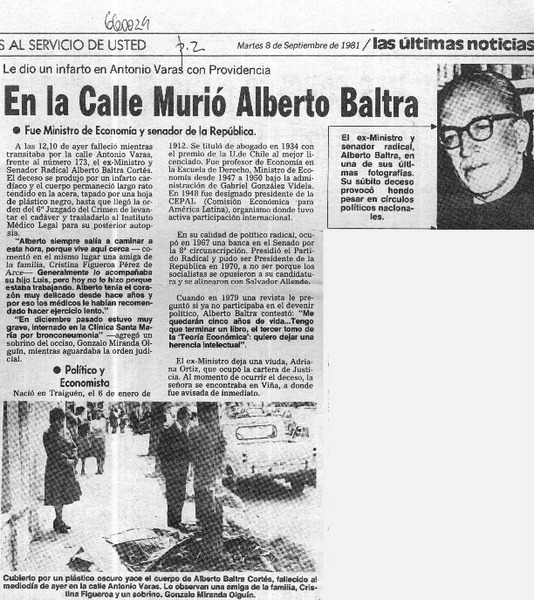 En la calle murió Alberto Baltra.  [artículo]