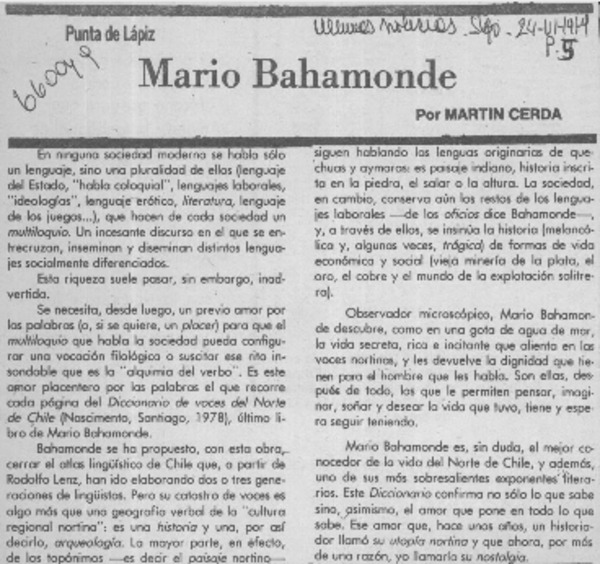 Mario Bahamonde  [artículo] Martín Cerda