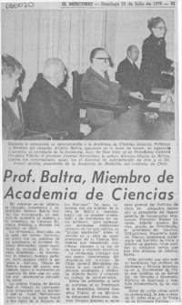 Prof. Baltra, miembro de Academia de Ciencias.  [artículo]