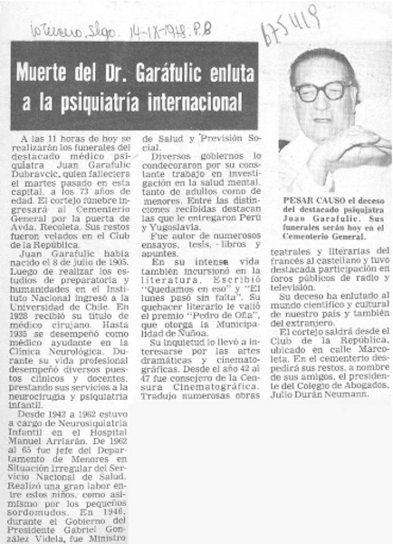 Muerte del Dr. Garáfulic enluta a la psiquiatría internacional.