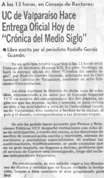 UC de Valparaíso hace entrega oficial hoy de "Crónica de medio siglo".