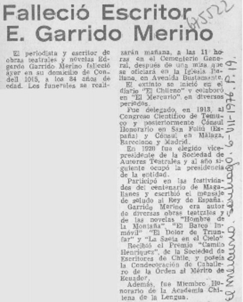Falleció escritor E. Garrido Merino.