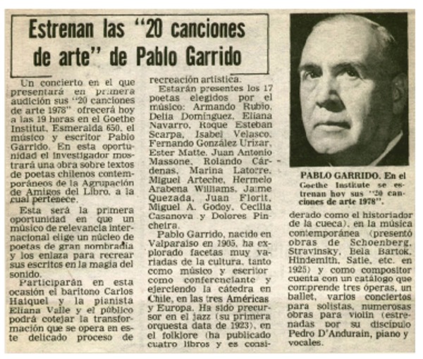 Estrenan las "20 canciones de arte" de Pablo Garrido.