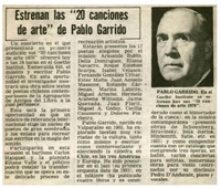 Estrenan las "20 canciones de arte" de Pablo Garrido.