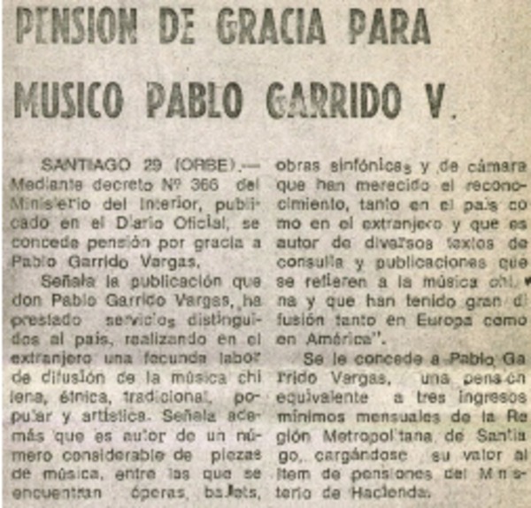 Pensión de gracia para músico Pablo Garrido V.