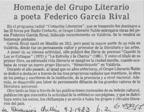 Homenaje del grupo literario poeta Federico García Rival.