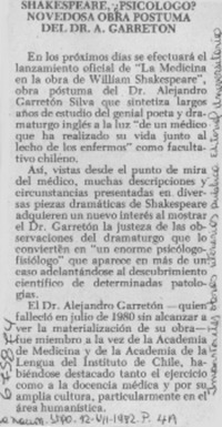 Shakespeare, ¿psicólogo? novedosa obra póstuma del Dr. a Garretón.
