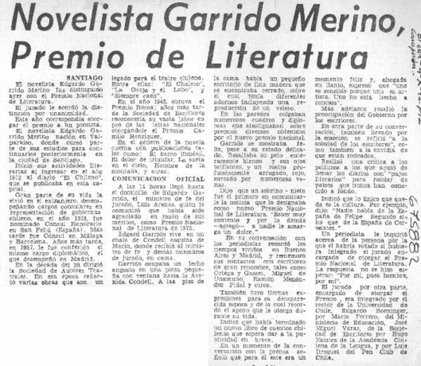Novelista Garrido Merino, Premio de Literatura.