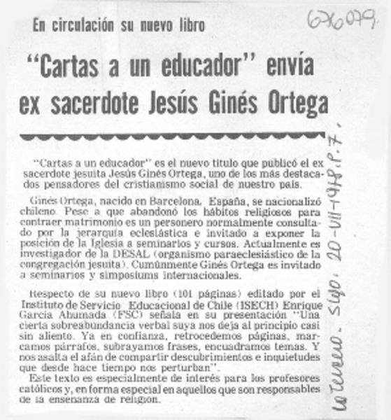"Cartas a un educador" envía ex sacerdote Jesús Ginés Ortega.